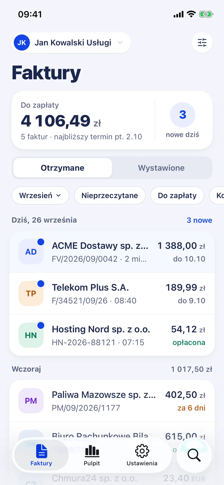 Ekran aplikacji: Lista faktur według dni